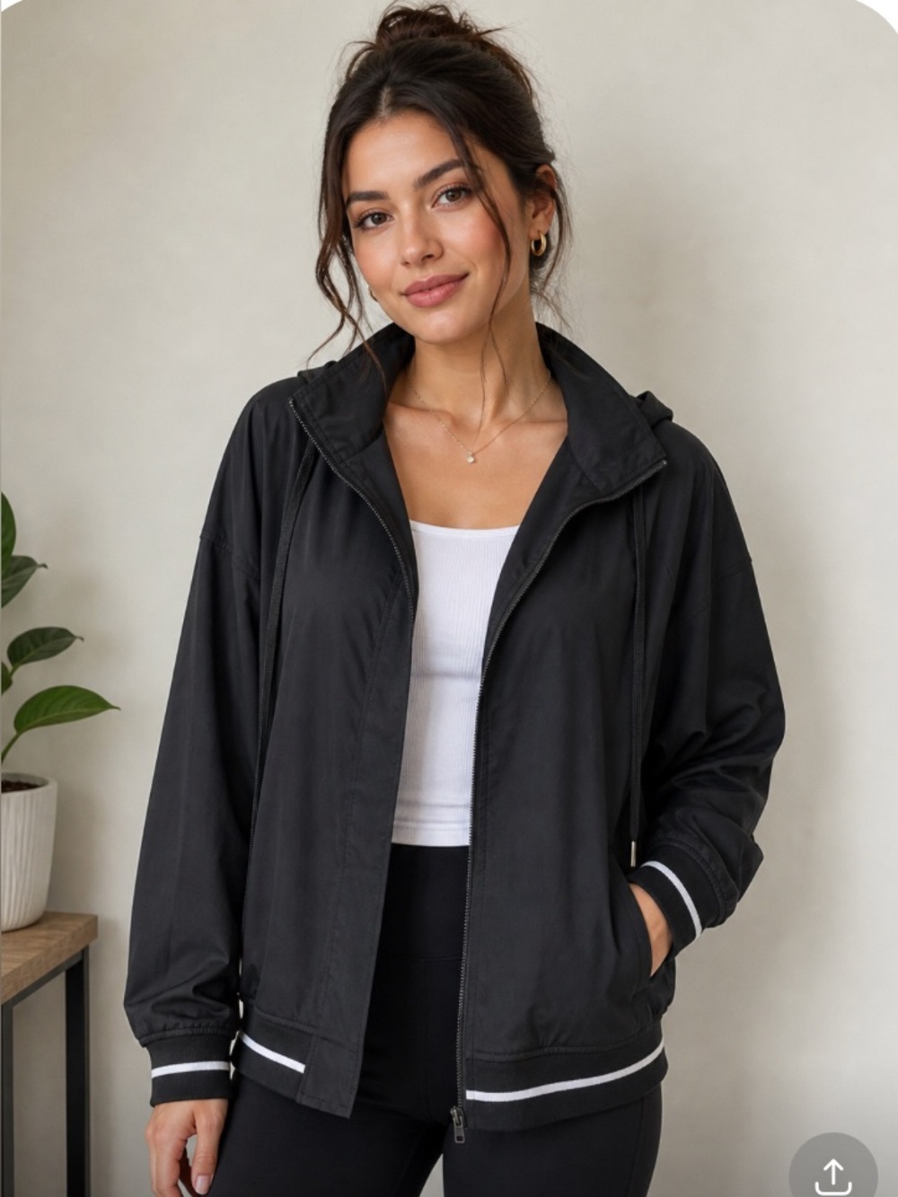Evereve Black Hooded Jacket with Cream Trim